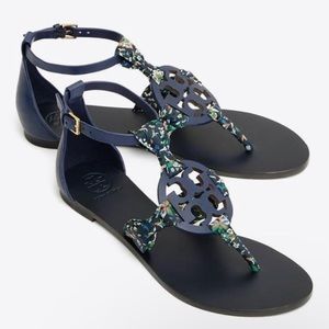 Tory Burch Miller Scarf Sandals Leather Size 9 Royal Navy Blue Floral Satin Logo